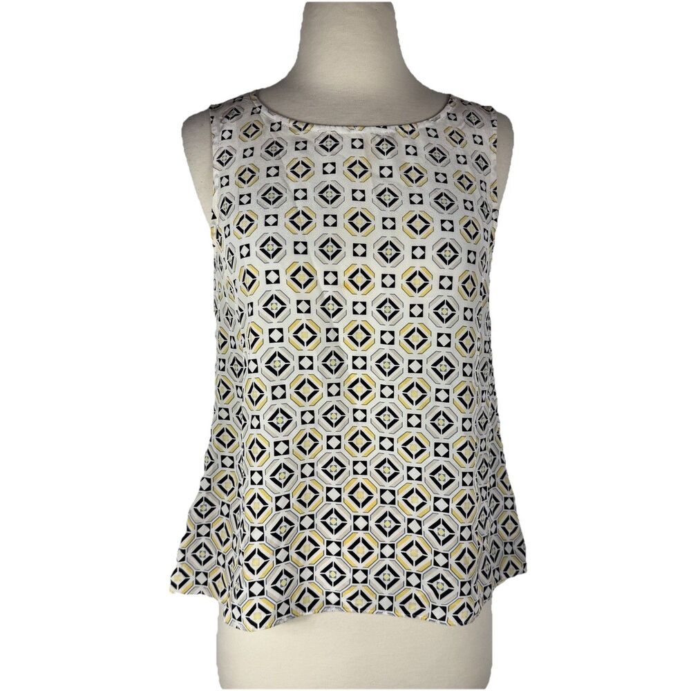 Silk Tank XS Sleeveless To Geometric White Yellow Black Artsy Resort Work Luxury - Picture 2 of 9